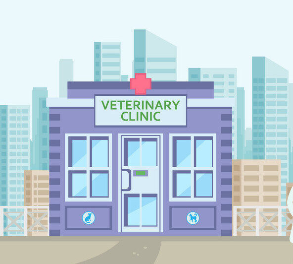 Animal Hospital in Cityscape Flat illustration. Veterinary Clinic Building. Cartoon Veterinarian with Stethoscope and Husky Character. Pet Assistance Horizontal Drawing. Vet Clinic Presentation