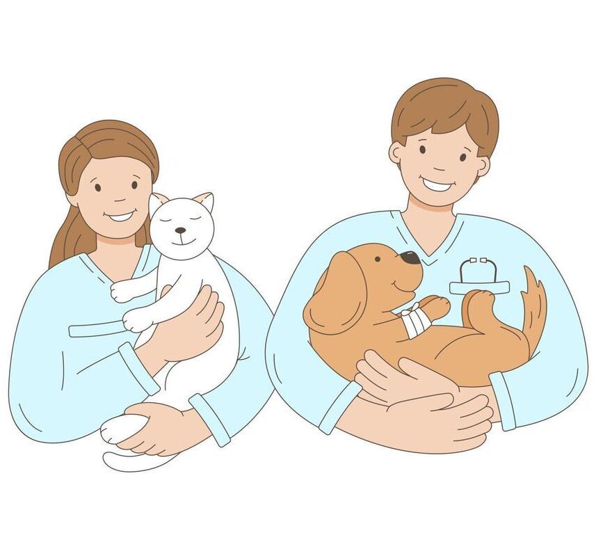 man-and-woman-veterinarians-holding-animals-cat-and-dog-animal-aid-vector